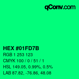 カラーコード: HEX #01FD7B | qconv.com