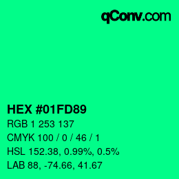 カラーコード: HEX #01FD89 | qconv.com
