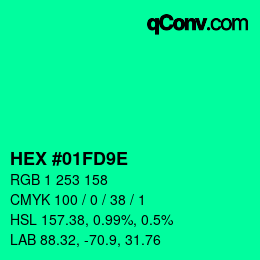 カラーコード: HEX #01FD9E | qconv.com