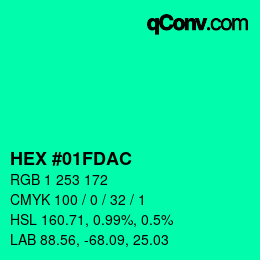 カラーコード: HEX #01FDAC | qconv.com