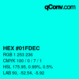 カラーコード: HEX #01FDEC | qconv.com