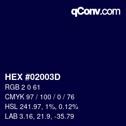カラーコード: HEX #02003D | qconv.com