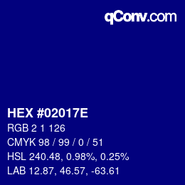 Farbcode: HEX #02017E | qconv.com