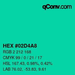 カラーコード: HEX #02D4A8 | qconv.com