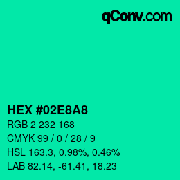カラーコード: HEX #02E8A8 | qconv.com