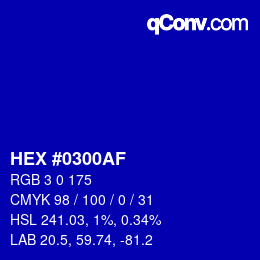 颜色代码: HEX #0300AF | qconv.com