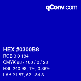 颜色代码: HEX #0300B8 | qconv.com