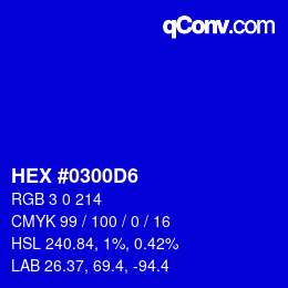 颜色代码: HEX #0300D6 | qconv.com