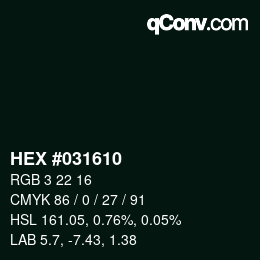 Color code: HEX #031610 | qconv.com