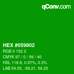 Code couleur: HEX #059802 | qconv.com