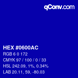 Color code: HEX #0600AC | qconv.com