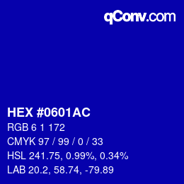 Color code: HEX #0601AC | qconv.com