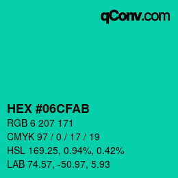 Color code: HEX #06CFAB | qconv.com