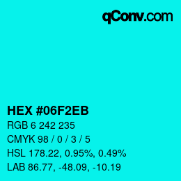 Color code: HEX #06F2EB | qconv.com