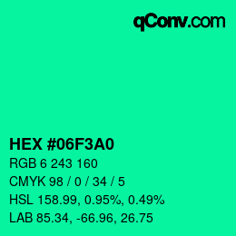 カラーコード: HEX #06F3A0 | qconv.com