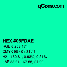 カラーコード: HEX #06FDAE | qconv.com