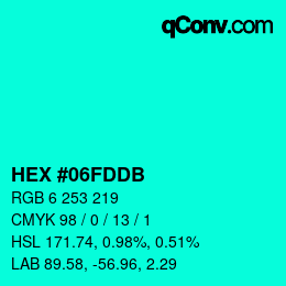 カラーコード: HEX #06FDDB | qconv.com