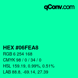 颜色代码: HEX #06FEA8 | qconv.com