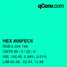 颜色代码: HEX #06FEC6 | qconv.com