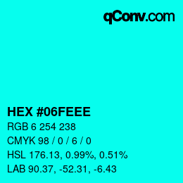 カラーコード: HEX #06FEEE | qconv.com