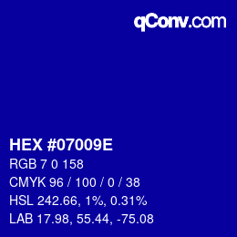 Color code: HEX #07009E | qconv.com