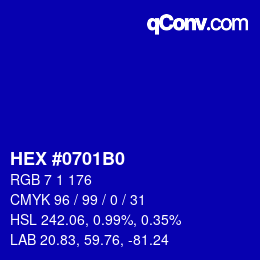 カラーコード: HEX #0701B0 | qconv.com