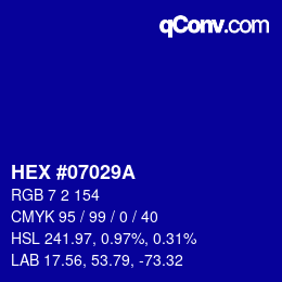 Color code: HEX #07029A | qconv.com