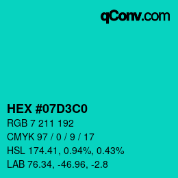 カラーコード: HEX #07D3C0 | qconv.com