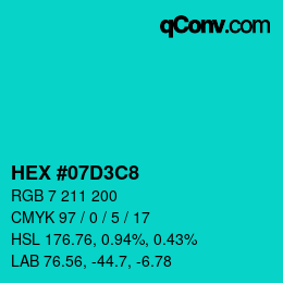 カラーコード: HEX #07D3C8 | qconv.com