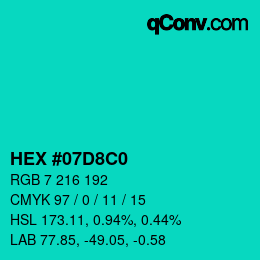 Color code: HEX #07D8C0 | qconv.com
