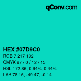 カラーコード: HEX #07D9C0 | qconv.com
