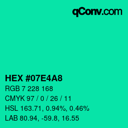 カラーコード: HEX #07E4A8 | qconv.com