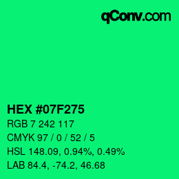 颜色代码: HEX #07F275 | qconv.com