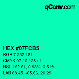 カラーコード: HEX #07FCB5 | qconv.com