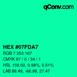 カラーコード: HEX #07FDA7 | qconv.com