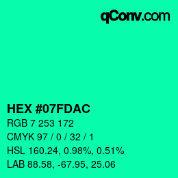 カラーコード: HEX #07FDAC | qconv.com