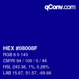 颜色代码: HEX #08008F | qconv.com