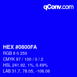 Color code: HEX #0800FA | qconv.com