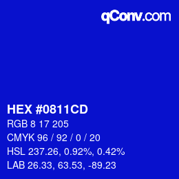 Farbcode: HEX #0811CD | qconv.com