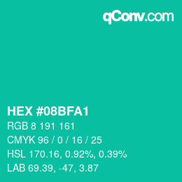 颜色代码: HEX #08BFA1 | qconv.com