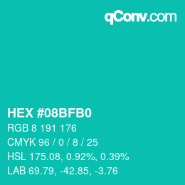 颜色代码: HEX #08BFB0 | qconv.com