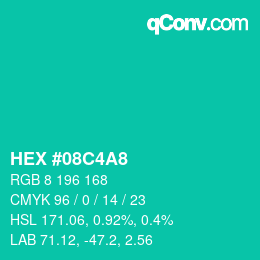 颜色代码: HEX #08C4A8 | qconv.com