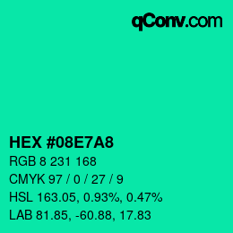 カラーコード: HEX #08E7A8 | qconv.com