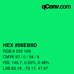 カラーコード: HEX #08EB6D | qconv.com