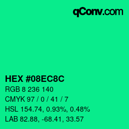 カラーコード: HEX #08EC8C | qconv.com