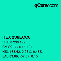カラーコード: HEX #08ECC0 | qconv.com