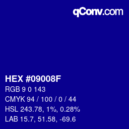 Code couleur: HEX #09008F | qconv.com
