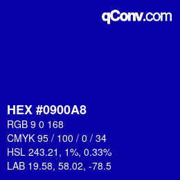 Color code: HEX #0900A8 | qconv.com
