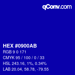 Color code: HEX #0900AB | qconv.com