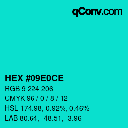 カラーコード: HEX #09E0CE | qconv.com